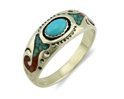 Navajo Handmade Sterling Silver Ring With Natural Turquoise & Coral - Size 4.5, Authentic Native American