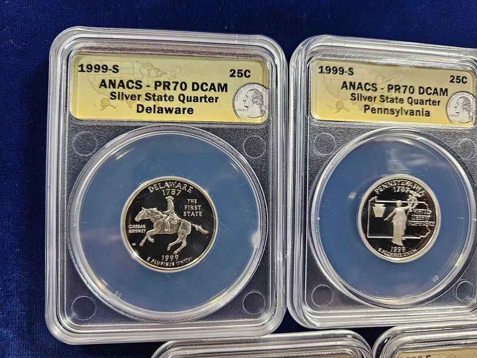 🌟 1999-S SILVER Proof State Quarter 5-Coin Set ANACS PR70 DCAM w/ Delaware RARE - Image 3 of 4