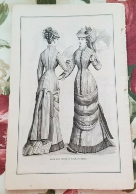 1868 Victorian Era WALKING DRESS Promenade Front & Back View GODEY LADY'S Print