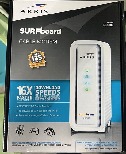 ARRIS SB6183 SURF Board 16 x 4 686 Mbps DOCSIS Speed 3.0 Cable Modem White New - 第 1/2 張圖片