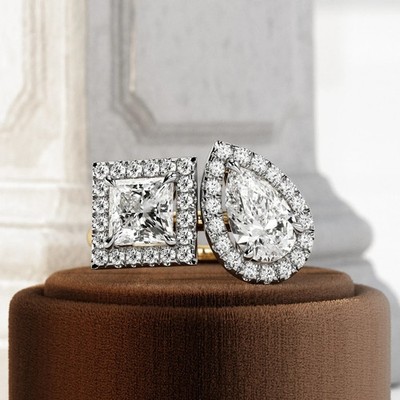 2 Karat Toi et Moi Heiligenschein Birne und Prinzessschliff F VS1 Lab Grown Diamant Heiligenschein Ring