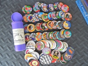 POGS SLAMMERS VINTAGE 90'S CONTAINER FULL 75 GAME PIECES 2 METAL SLAMMERS IN EA.