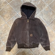 VTG Carhartt Jacket Youth Size M 8 Dark Brown Faded Quilted Lined, Hooded