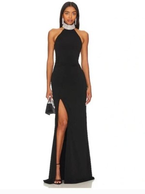 Cinq à Sept Black Izzy Gown Crystal Embellished Halter Maxi Dress Size 10