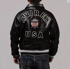 Men's Avirex Black Real Bomber American Flight Jacket Leather Jacket For Men
