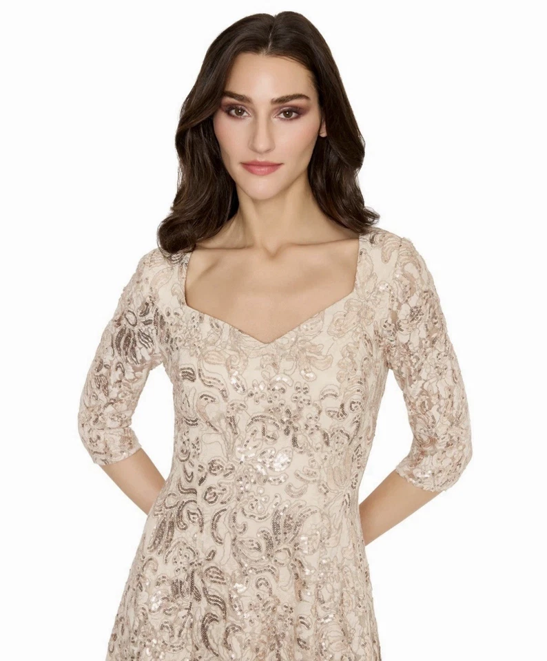 Vestido midi Tahari ASL Tahari para mujer con lentejuelas y cuello corazón - Champagne - 8 Foto 2 de 4