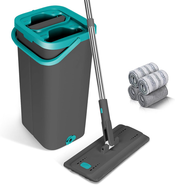 Masthome Wischmopp Set Mit Eimer,2 In 1 Putzeimer Mit Wischmop,Flacher Bodenwisc-image