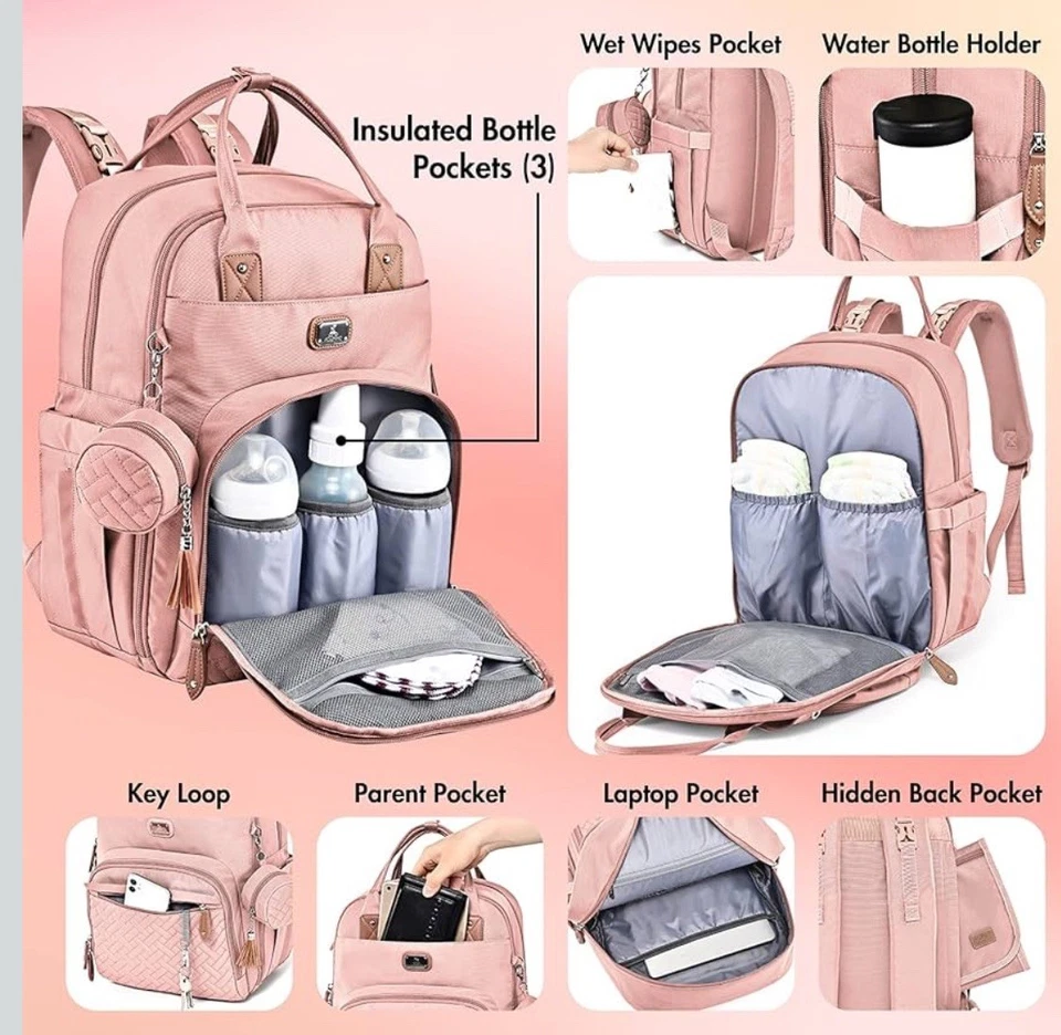 Dikaslon Diaper Bag Backpack w/Stroller Straps, Large Baby Bags Pink - Image 2 of 4