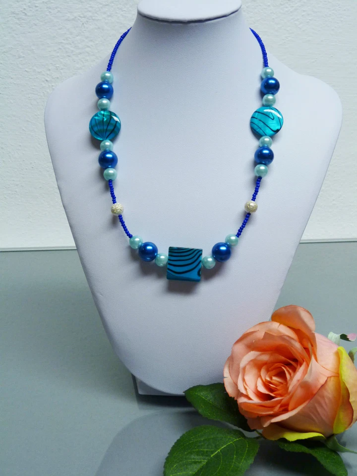 Glass Jewels Silber Kette Halskette Collier Perlmutt Perlen Blau Türkis #A025 - Bild 3 von 3