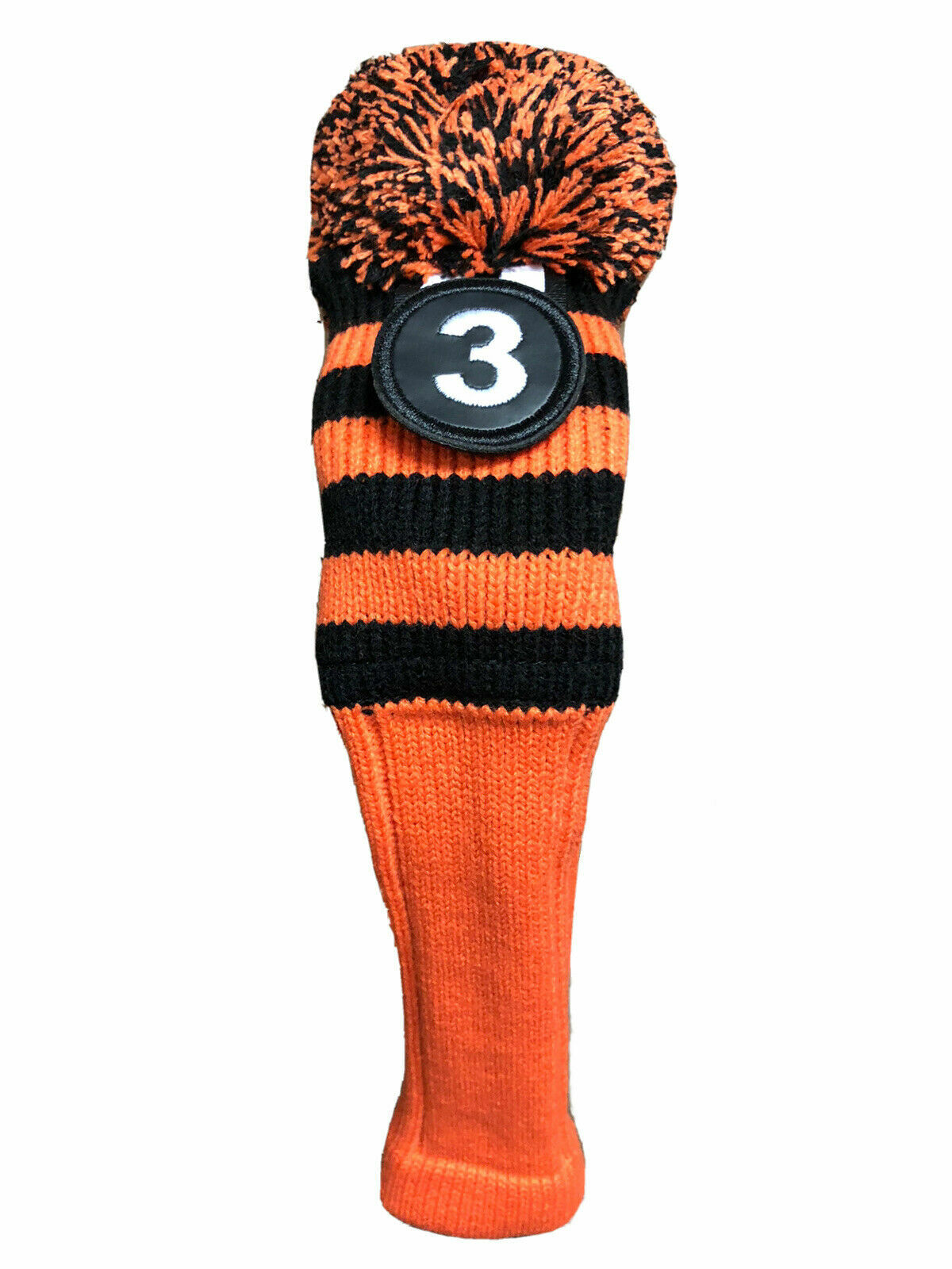 Tour #3 Hybrid Black Orange Golf Headcover Knit Pom Pom Retro Classic Head Cover