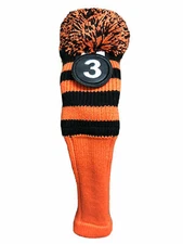 Tour #3 Hybrid Black Orange Golf Headcover Knit Pom Pom Retro Classic Head Cover