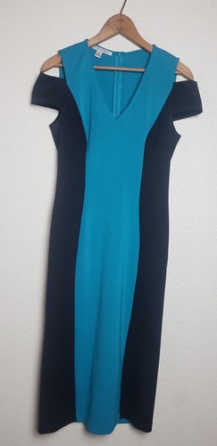 Maggy London Women's Sz 4 Cold Shoulder Colorblock Pencil Midi Dress Retro - Picture 6 of 14