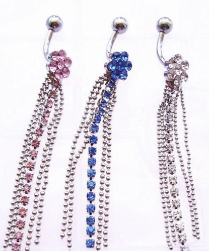 Flower daisy dangle dangly Crystal diamanté belly bar silver pink blue clear - Picture 2 of 12