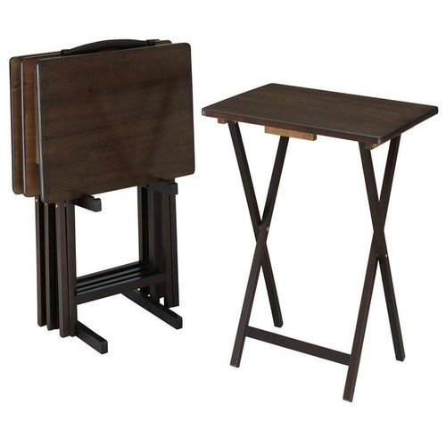Folding TV Tray Table Set of 5 Walnut Rubberwood 19x15x26 in Storage Rack Stand - Picture 2 of 6