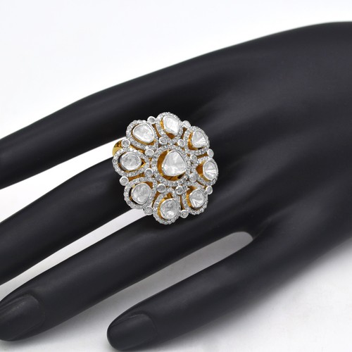 925 Sterling Silver Ring 18k Gold Plated Natural Diamond Polki Removable Shank - Picture 6 of 6