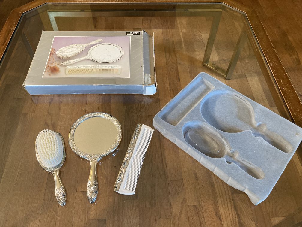 Vintage Silverplated Hair Brush Mirror Comb Vanity Set in Box NOS 1970s