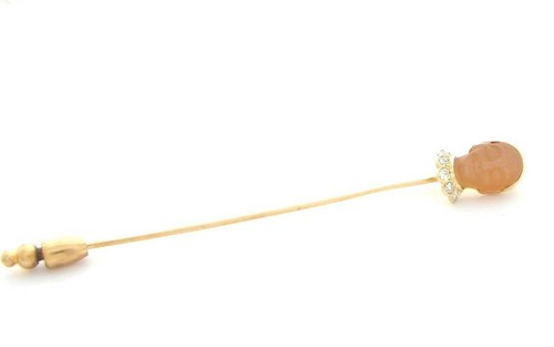 DIAMOND PEACH MOONSTONE CARVED FACE STICK PIN 18K - Picture 2 of 2