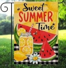 Sweet Summer Time Watermelon Lemonade Garden Flag Burlap 12"x18" Double-Sided