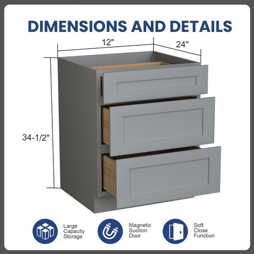 Shaker Style Unassembled Kitchen Solid Wood Base Cabinet with 3 drawers - Picture 14 of 48