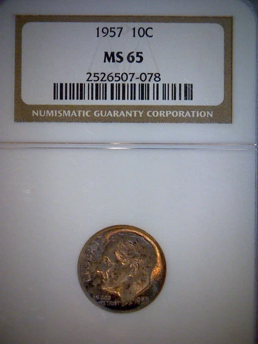 1957-P SILVER ROOSEVELT DIME NGC MS 65,  FANTASTIC TONING