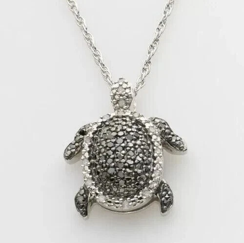 1.35Ct Simulated Black Diamond Turtle Pendant Necklace 14K White