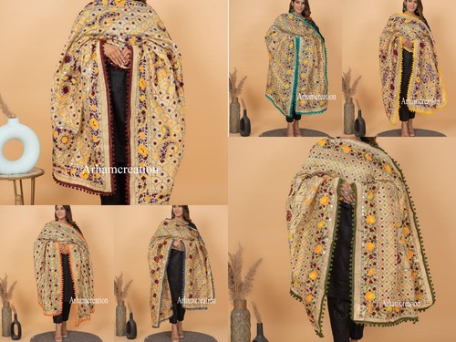10 pc Mix Handmade Phulkari Silk Dupatta Embellished Chanderi Scarf Dupatta - Picture 2 of 8