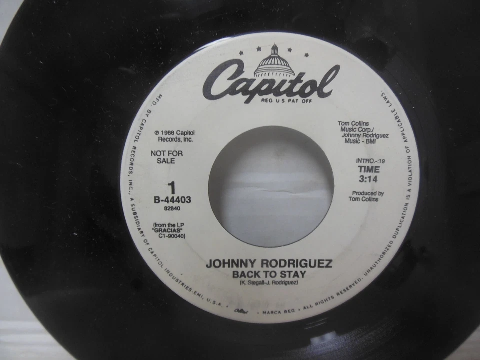 JOHNNY RODRIGUEZ nr mint 45 rpm BACK TO STAY promo - Image 2 of 3