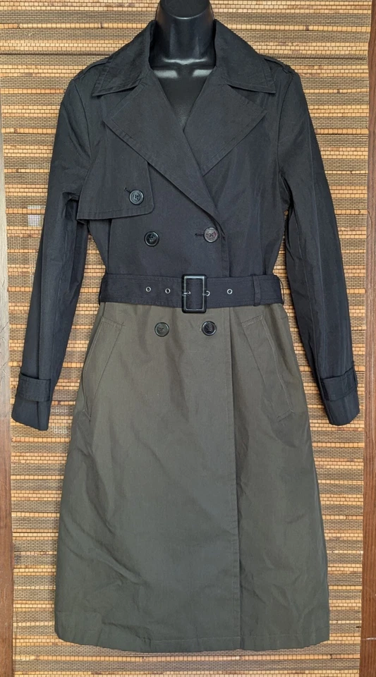 Nueva gabardina Express para mujer M negra verde oliva de nailon con cinturón midi Foto 2 de 4