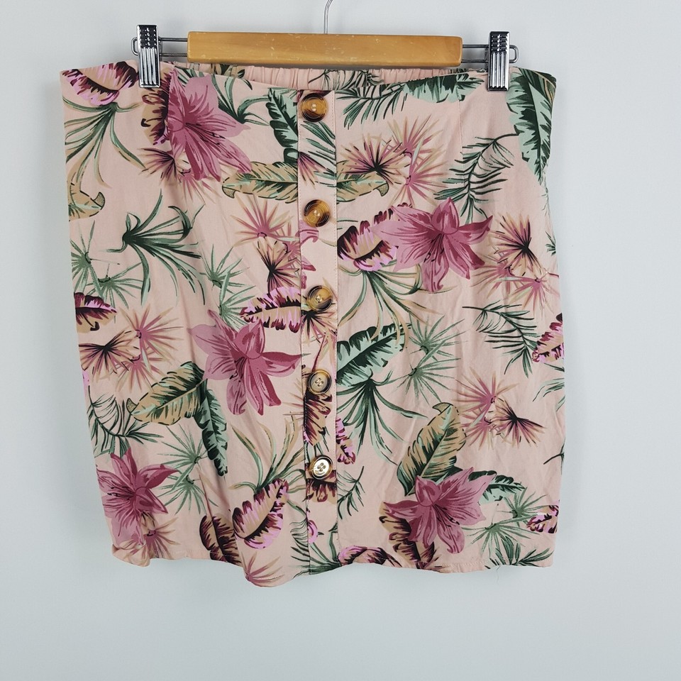 Crossroads Womens Size 12 Pink Floral Button Front Straight Short Skirt