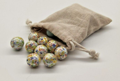 25 runde Glasmurmeln Stoffbeutel weiß strukturiert Retro Kinder Party Spielzeug Geschenk