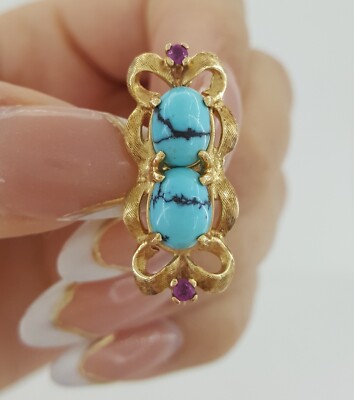 Vintage turquoise, and Ruby pin Vintage Persian Turquoise & Ruby 14k Gold Pin Brooch 25.5 mm  main image 3