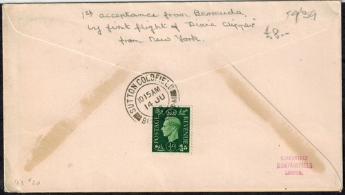 Bermuda Acceptance Flight 1939 Cover w/ FIRST ALL AIRMAIL H/S & Bermuda 1S Stamp - Picture 2 of 2