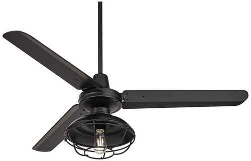 52" Plaza Industrial Indoor Outdoor Ceiling Fan with LED Light Remote Black Cage - Picture 2 of 8