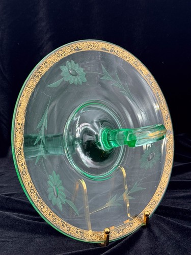 Vintage Urangrün Glas Geätzt Floral Leckerbissen Tablett Teller Gold Vergoldeter Rand LEUCHTET! - Bild 6 von 8