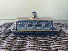 Vintage Indiana Glass Windsor Blue Carnival Glass 8" Covered Butter Dish
