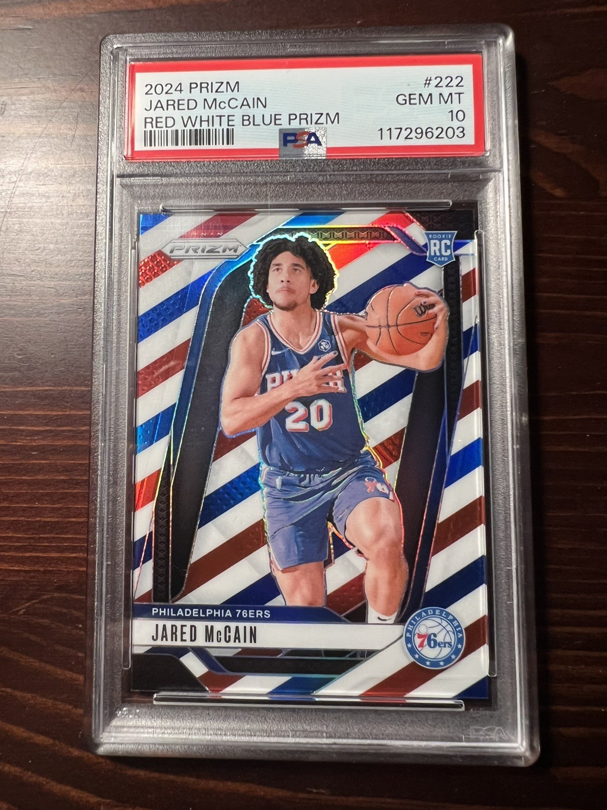 Jared McCain 2024-25 Panini Prizm #222 Red White Blue Prizm RC PSA 10 Gem Mint