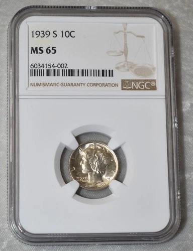 1939 S MERCURY DIME 90% SILVER CERTIFIED NGC MS 65 MS65 SAN FRANCISCO MINT COIN