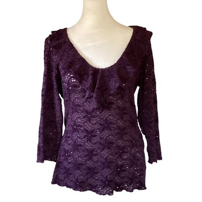 Women Sheer Mesh Ruffled Eyelet Lace Top M Purple Romantic Whimsigoth Layering