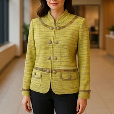 Ming Wang Women's Blazer Jacket Size L Yellow Green Textured Knit Button/Zip