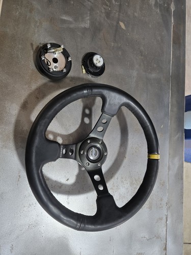 Nrg Steering Wheel 3" Deep 350mm Leather Yellow Stripe With Quick Release Hub - Picture 2 of 19