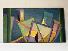 MID CENTURY PAINTING CUBIST CUBISM ABSTRACT HALL STEPS STAIRS MODERNIST LARGE