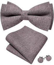 Men's Bow Tie Set Extra Large Cotton Linen Bowties with Handkerchief Grey