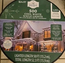 Holiday Time Christmas Lights 500 Cool White Icicle Lights LED White Wire 52.3'