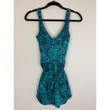 Vintage LE COVE Womens Wide Strap V-Neck Tie Floral One-Piece Teal Swimsuit 14