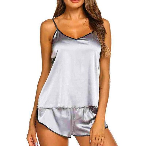 Set Satin Nightgown Slip Sleepwear Sexy Lingerie Home Wear Silk Women's Pajamas - Picture 13 of 22