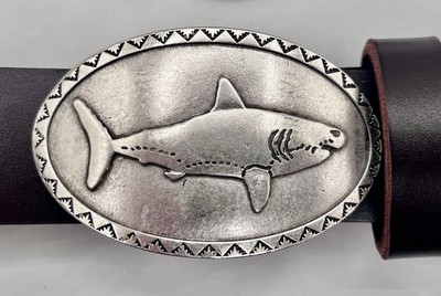 Great White Shark Belt Buckle Bonfe Leather pewter w/ Premium Leather Belt