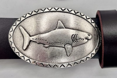 #ad Great White Shark Belt Buckle Bonfe Leather Workshop Silver Pewter Men $125.00