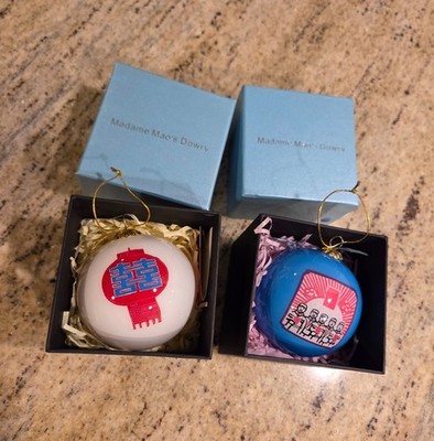 Lot of 2 Christmas Glass Ornament Bulb Glass Madame Mao's Dowry Happiness