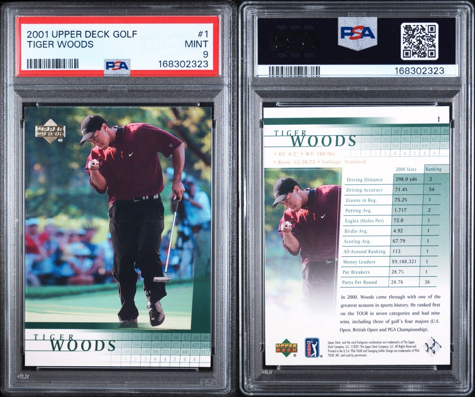 2001 Upper Deck Tiger Woods #1 PSA 9 MINT Rookie RC view 3
