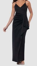 Xscape Women's Black Cascading-Ruffle V-Neck Strappy Dress Size 10